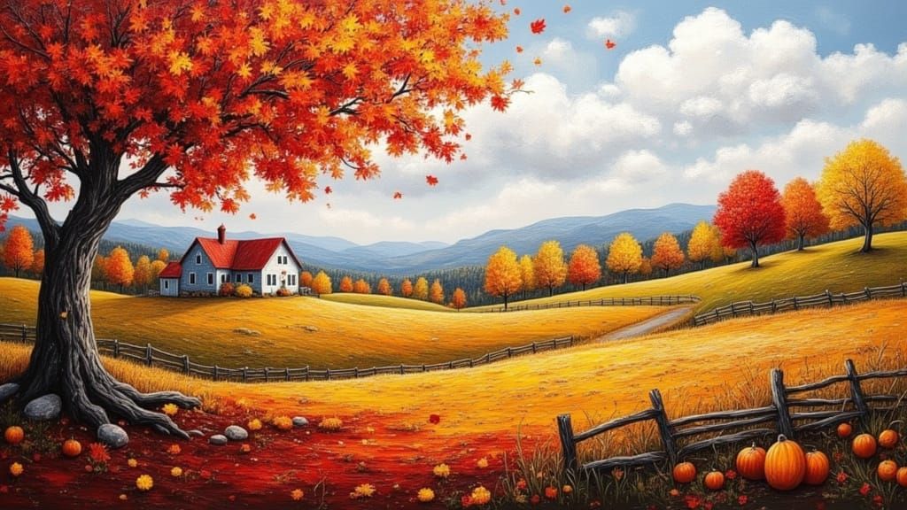 Autumn Farmhouse Landscape in Red, Orange, and Yellow
