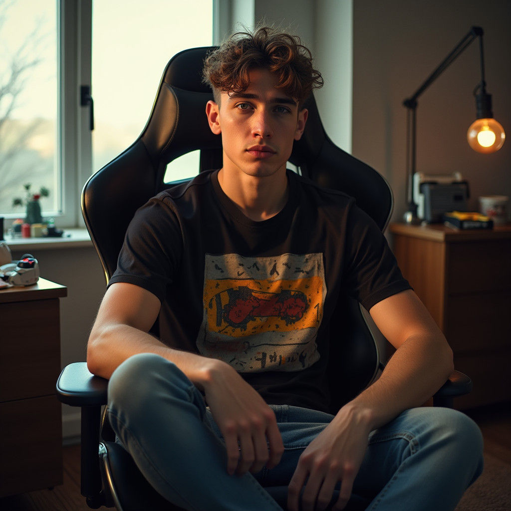 Stylish British Man in Gaming Room, Film Photography