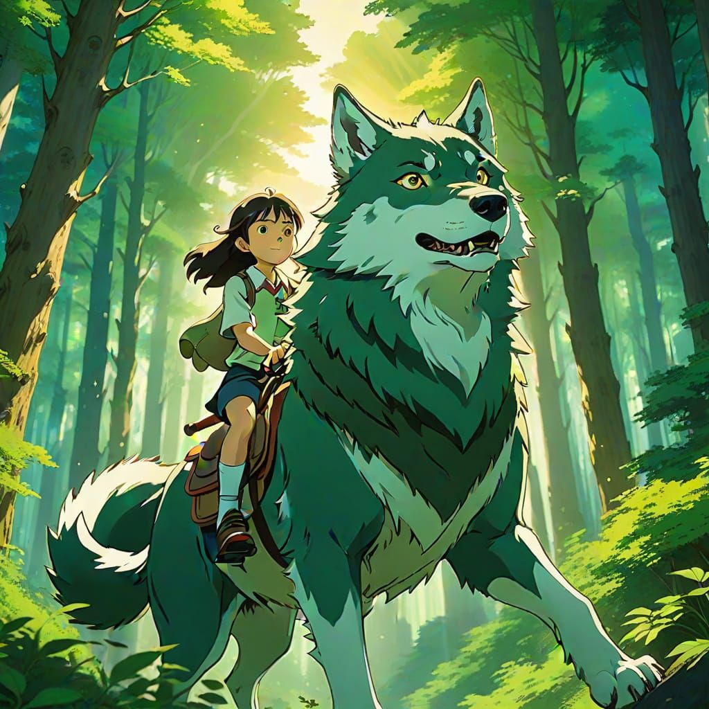 Ashitaka Rides a Wolf in Ghibli-Style Forest