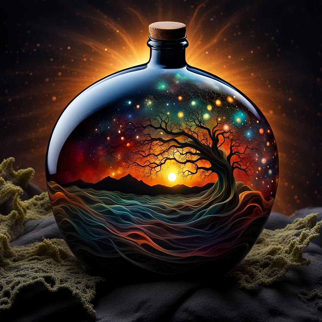 Surreal Dark Botanical Bottle in Abstract Style