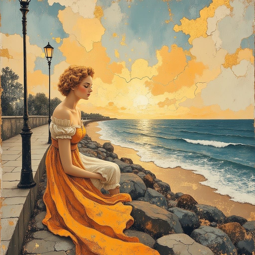 Couple Watches Serene Sunset on British Seaside Promenade