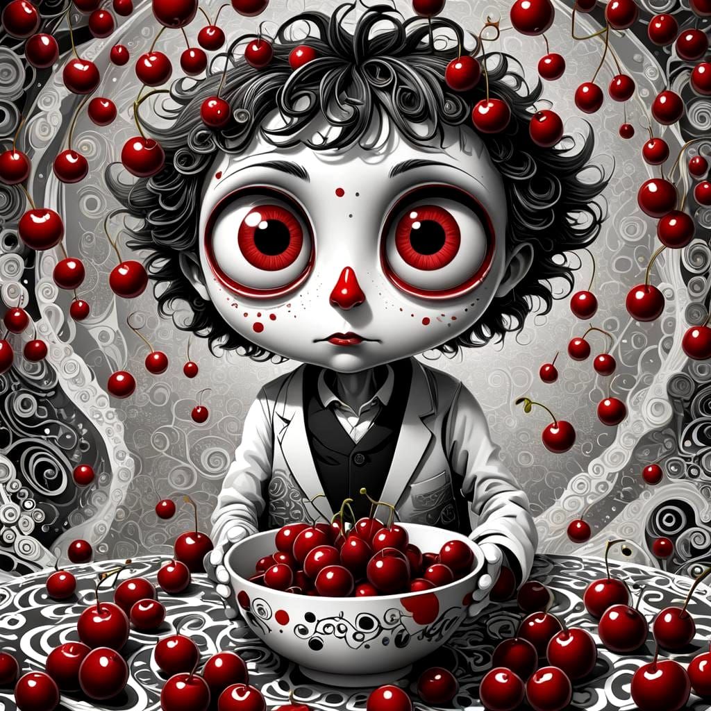 Cherry-Eyed Character in Tim Burton Style