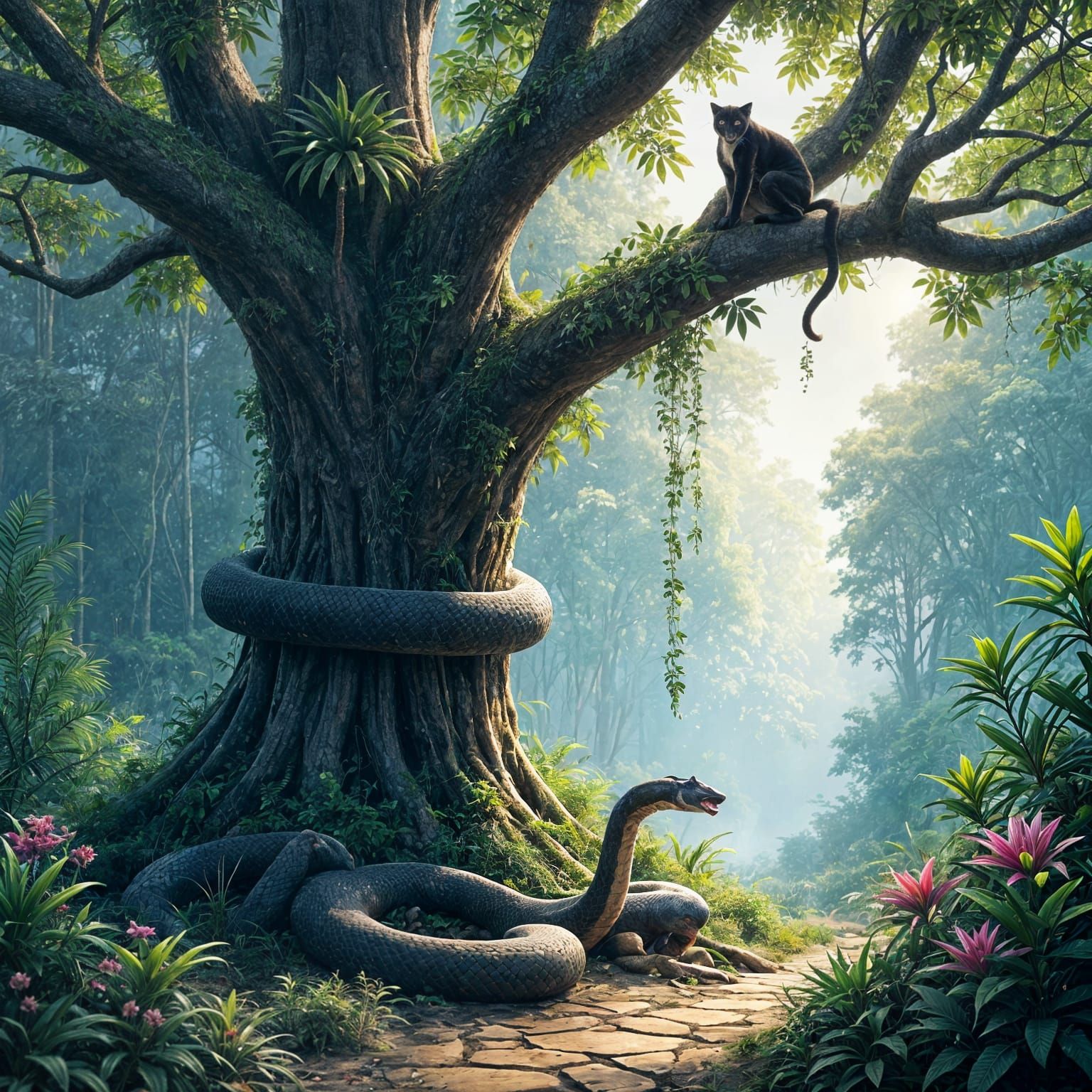 Anaconda and Panther in Jungle: 3D Anime Art