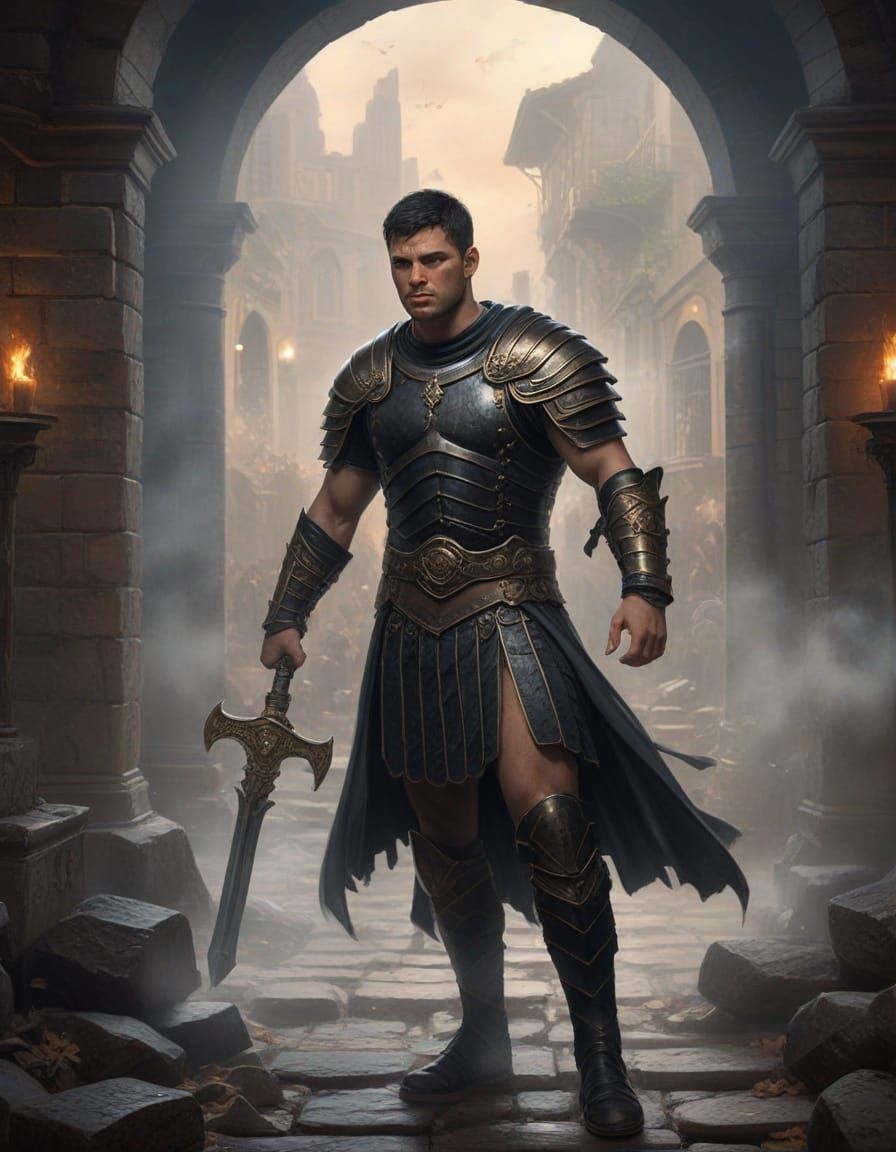 Tall, Handsome Gladiator in Ancient Rome Dungeon Scene