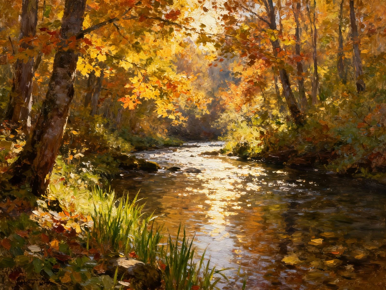 Hyperrealist Autumn Forest Brook with Dappled Sunlight