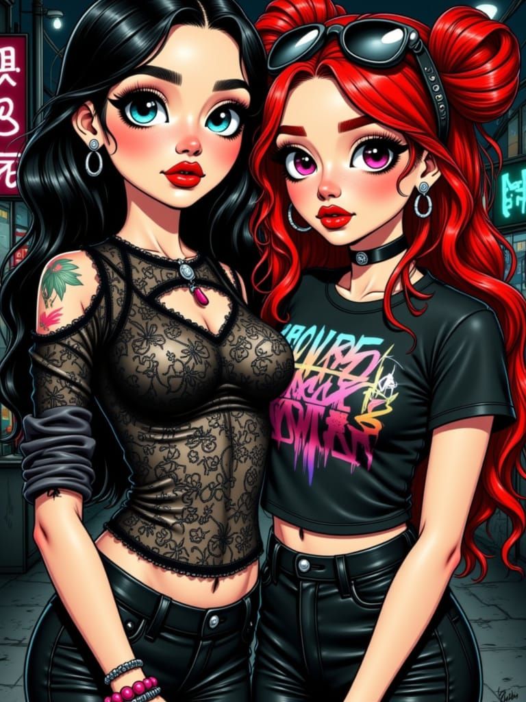 Cartoon Women in Hip-Hop Streetwear in Neon Alley