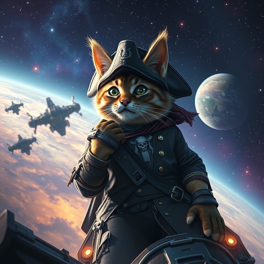 Cat Space Pirate Sails Galaxy in Digital Matte Painting