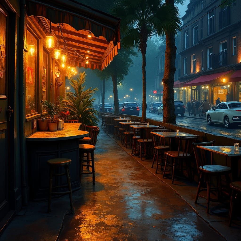 Intimate Nighttime Cafe Scene in Warm, Rich Tones