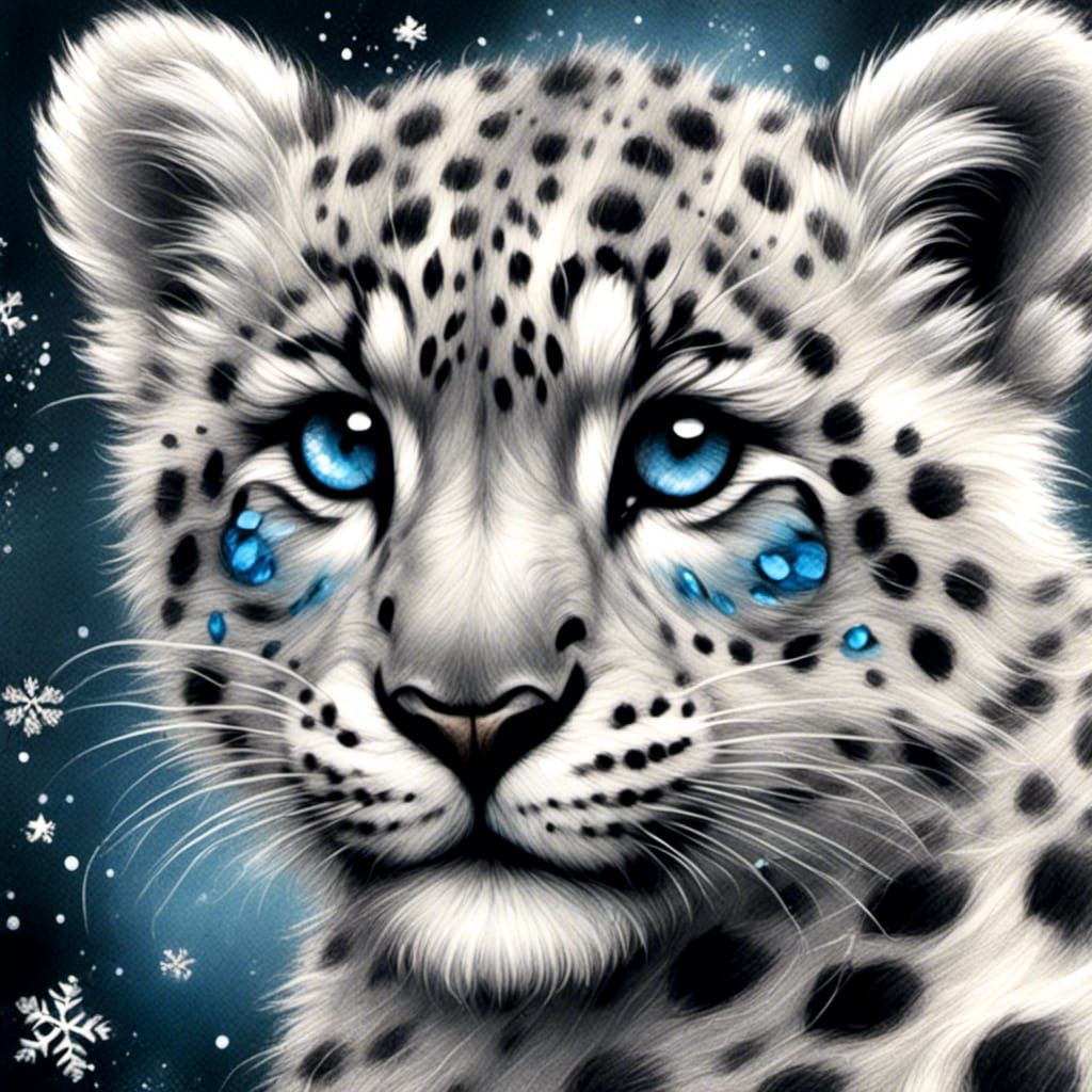 Snow Leopard Cub in Charcoal and Ink Style