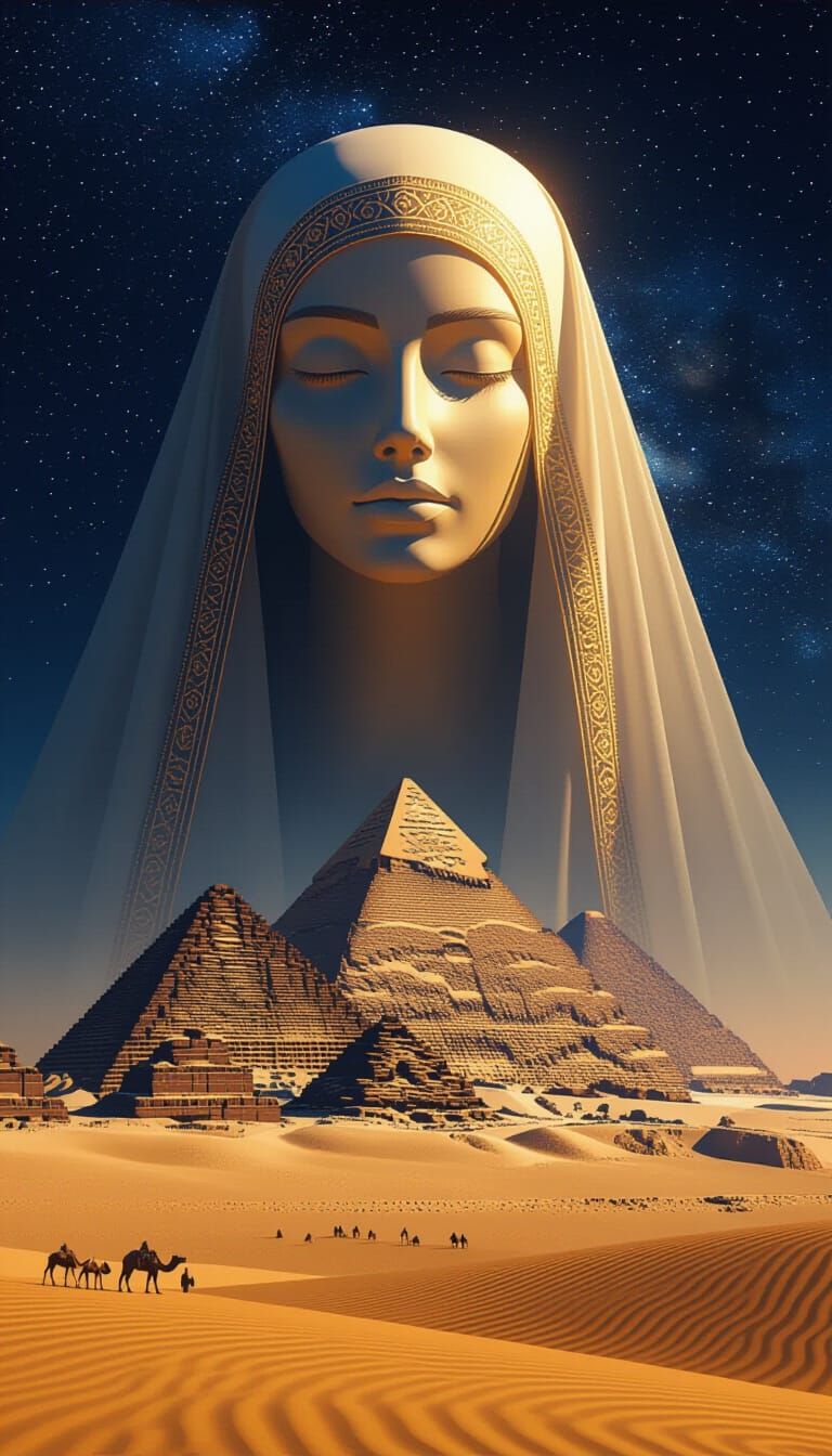 Monumental Desert Nightscape with Veiled Goddess