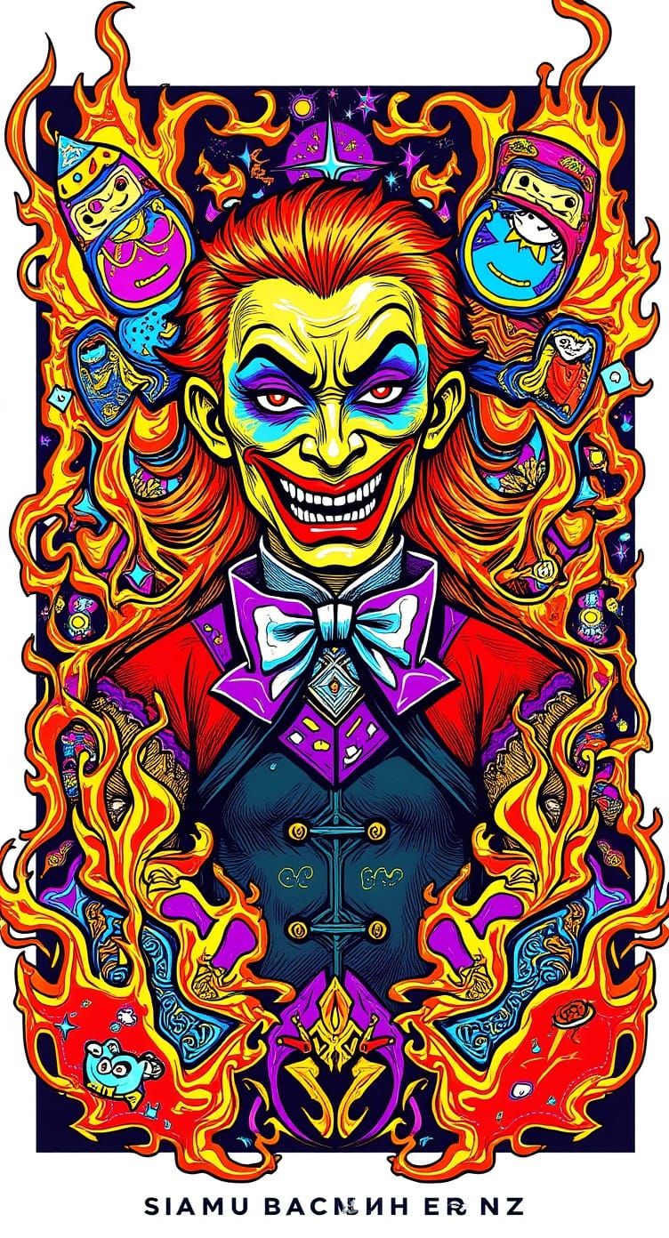 Pop Art Jester in Fiery, Surreal Portrait