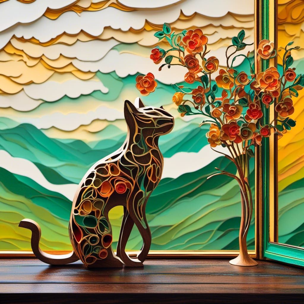 3D Burned Wood Cat Sculpture with Flowers
