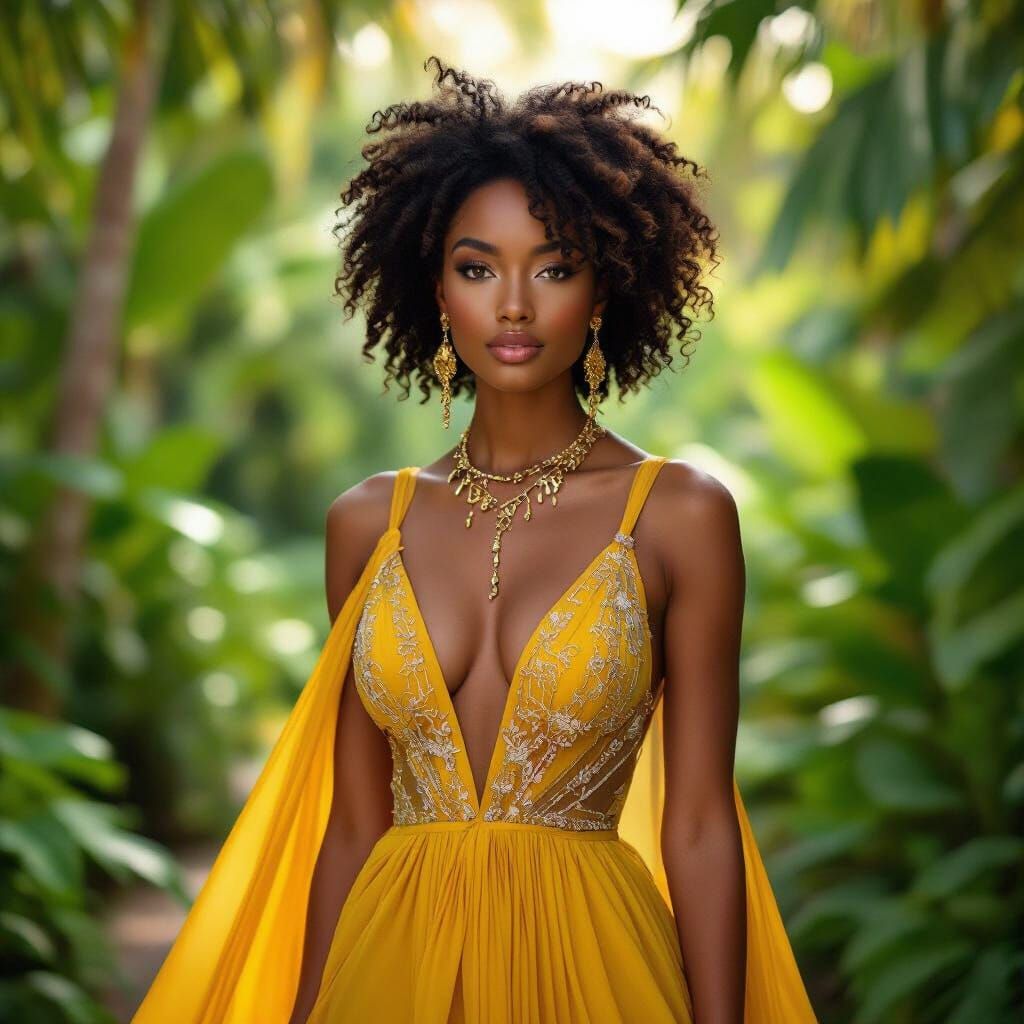 Confident Woman in Yellow Gown in Tropical Garden