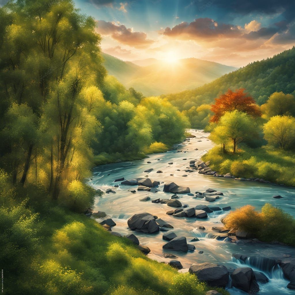 Aerial River View in Watercolor Style