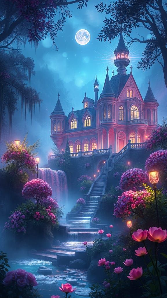 Iridescent Holographic Castle in Magical Forest Concept Art