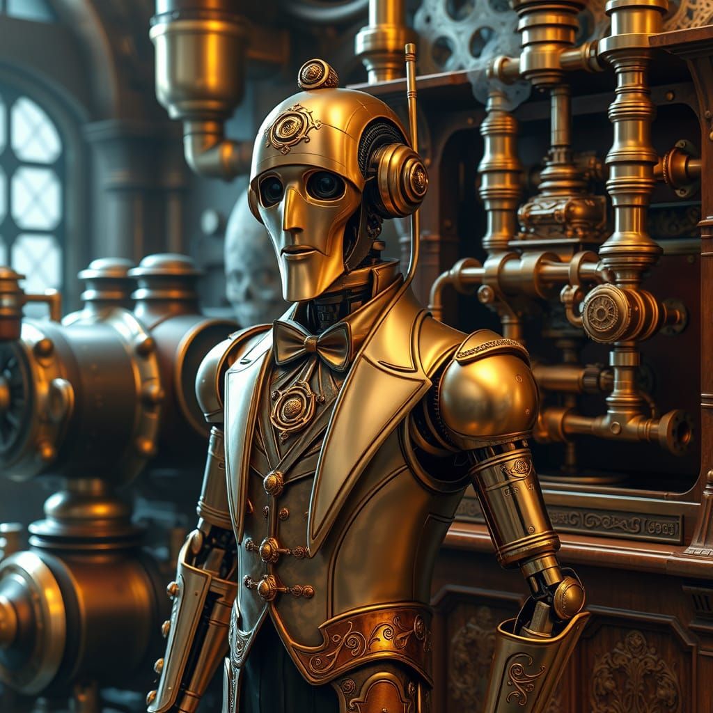 Steampunk Robot Butler in Elegant Brass and Copper