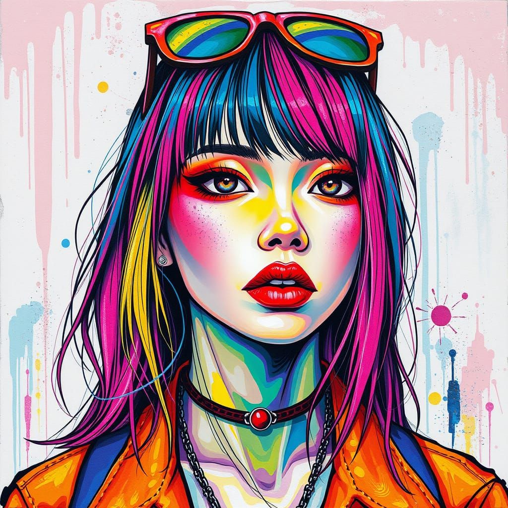 Vibrant Harajuku Portrait with Rainbow Craquelure Details