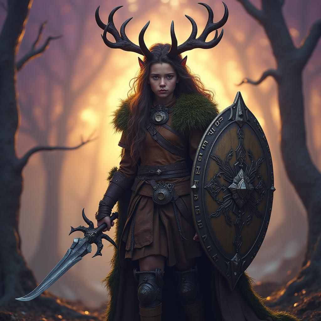 Forest Warrior Girl with Antlers: Dark Fantasy Art