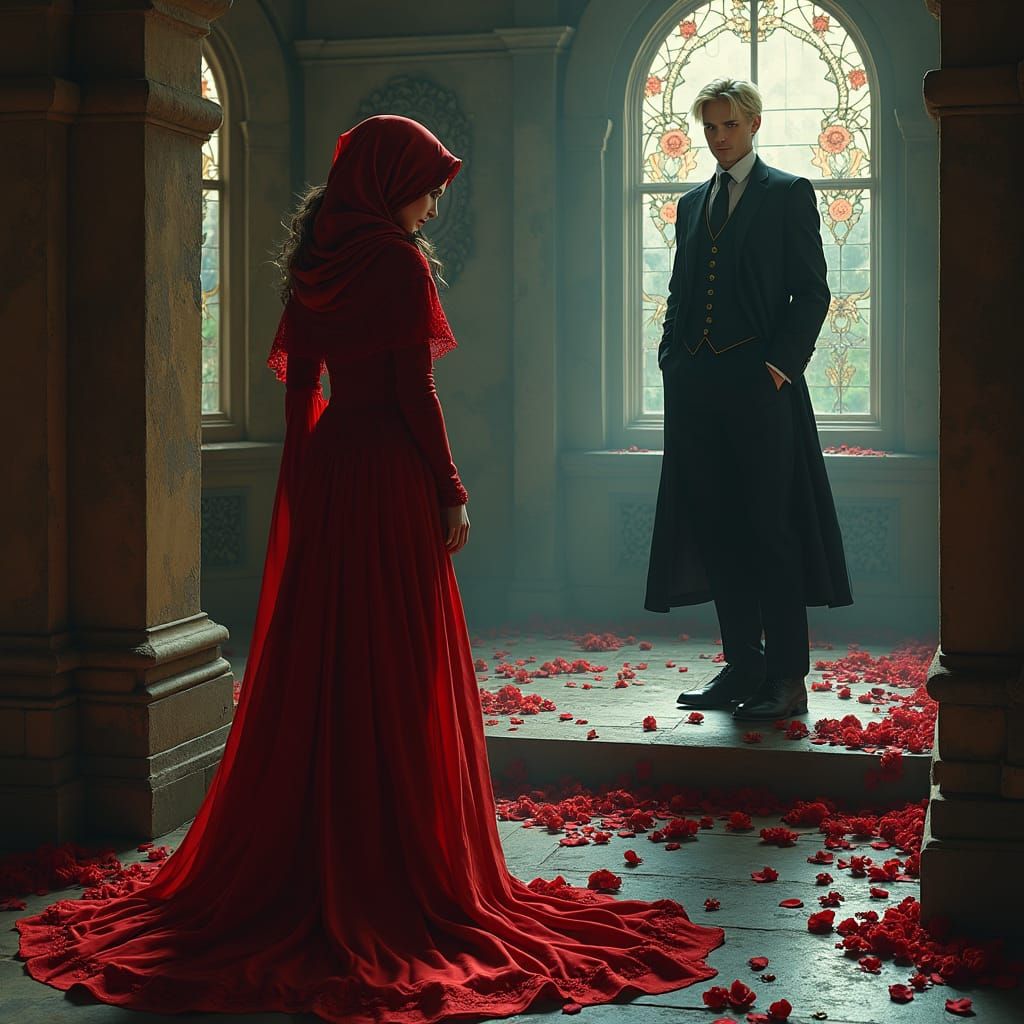 Red Riding Hood in Gothic Mansion, Eerie Moonlight