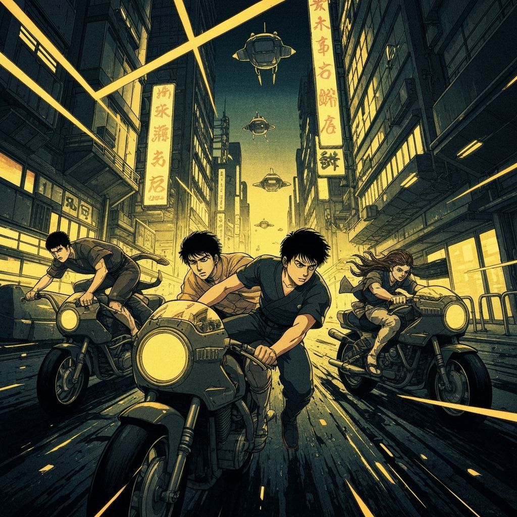 ukiyo-e style Akira and friends riding motorcycles. All them...