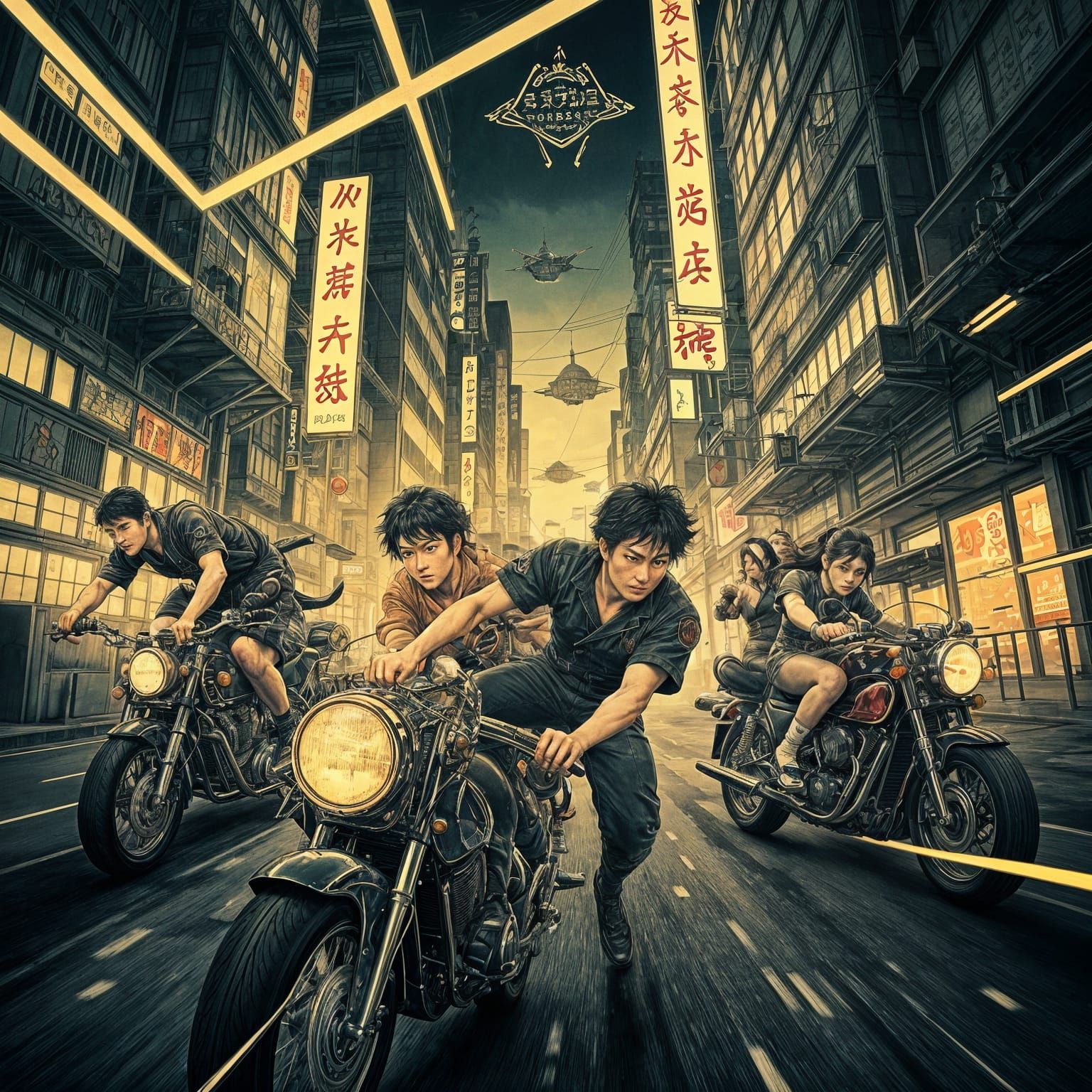 ukiyo-e style Akira and friends riding motorcycles. All them...