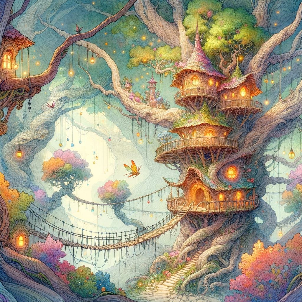 Enchanted Treehouse Village in Watercolor Style