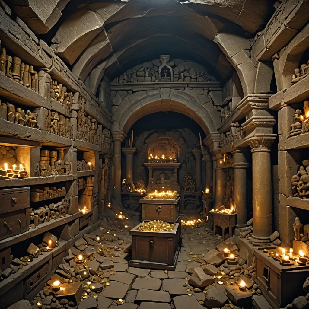Catacomb Chamber Filled with Relics in Dark Surrealism