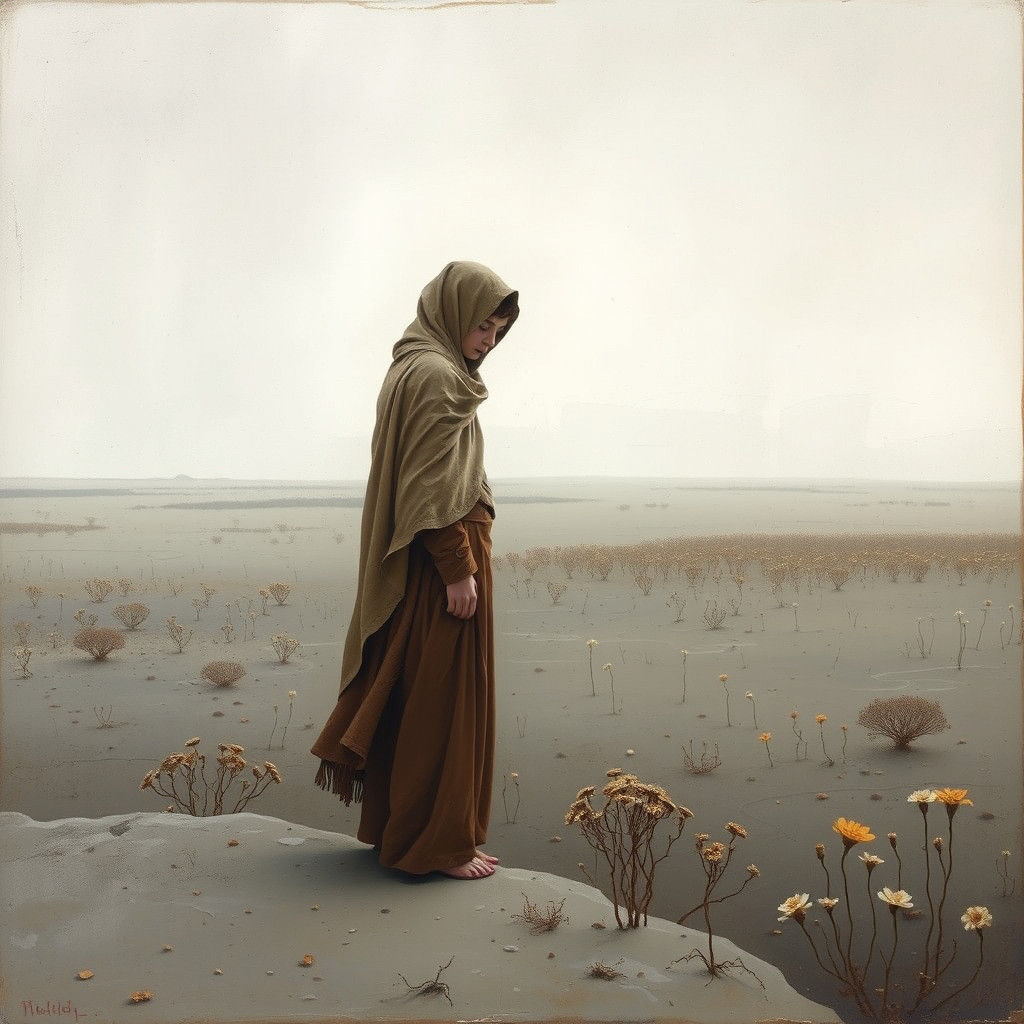 Melancholy Figure in Grey Landscape, Earth Tones