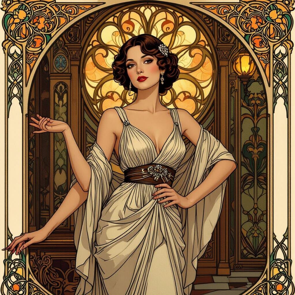 Elegant Woman in Vintage Room, Art Nouveau Style