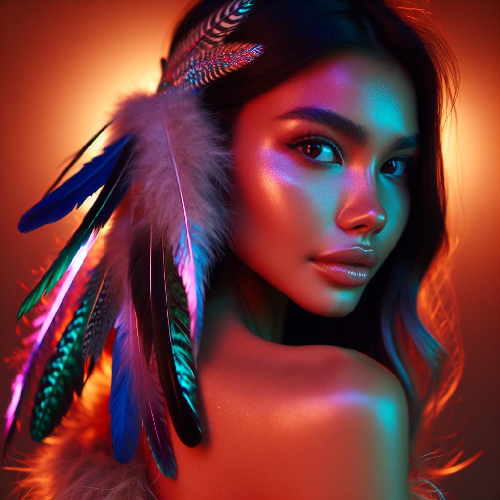Beautiful First Nations Woman in Neon Lighting
