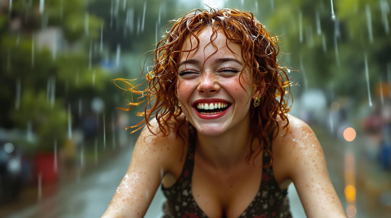 Laughing Redhead Rides Bicycle in Summer Rain