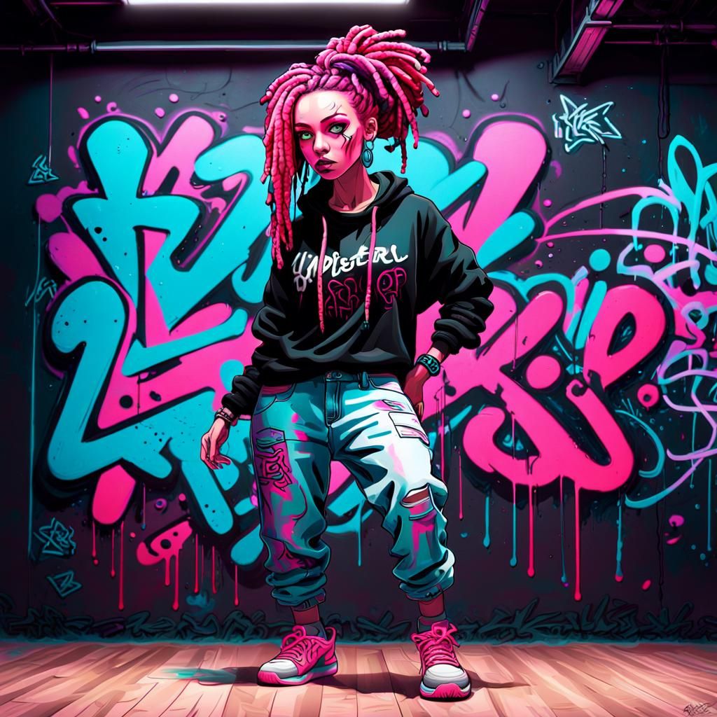 Hip Hop Girl with Pink Dreads in Graffiti Studio