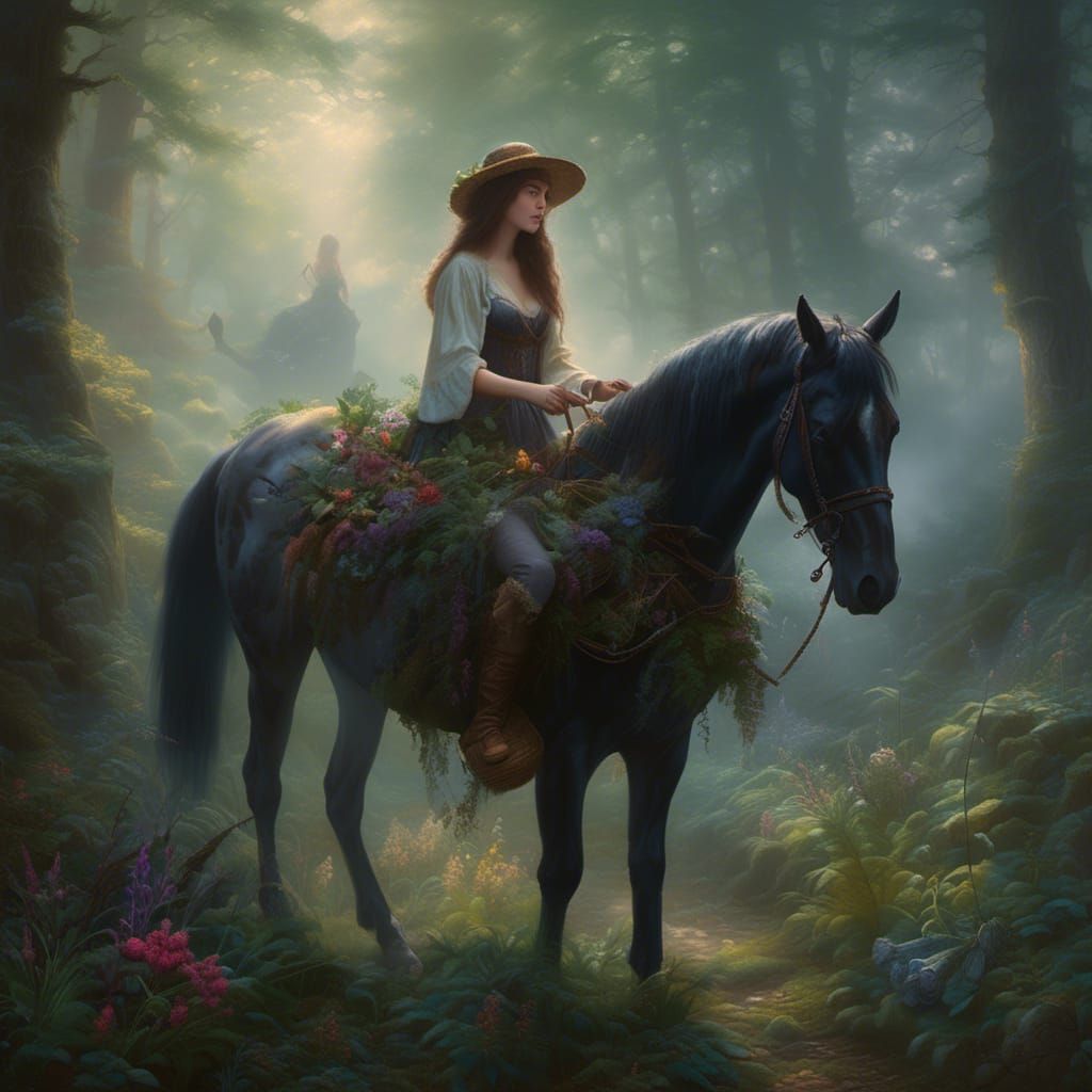 Forager Girl with Horse in Ethereal Forest