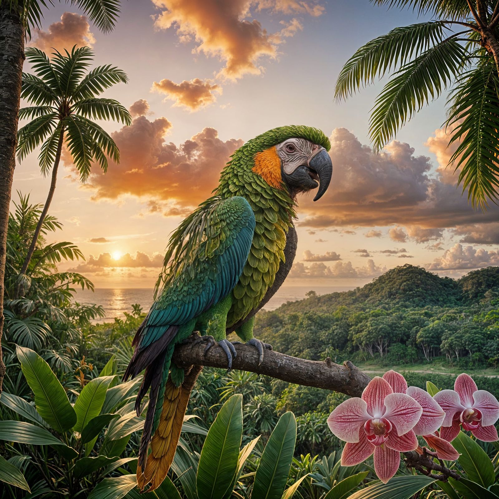 Jungle Sunset Over Caribbean Beach: Hyperrealistic Cinematic...