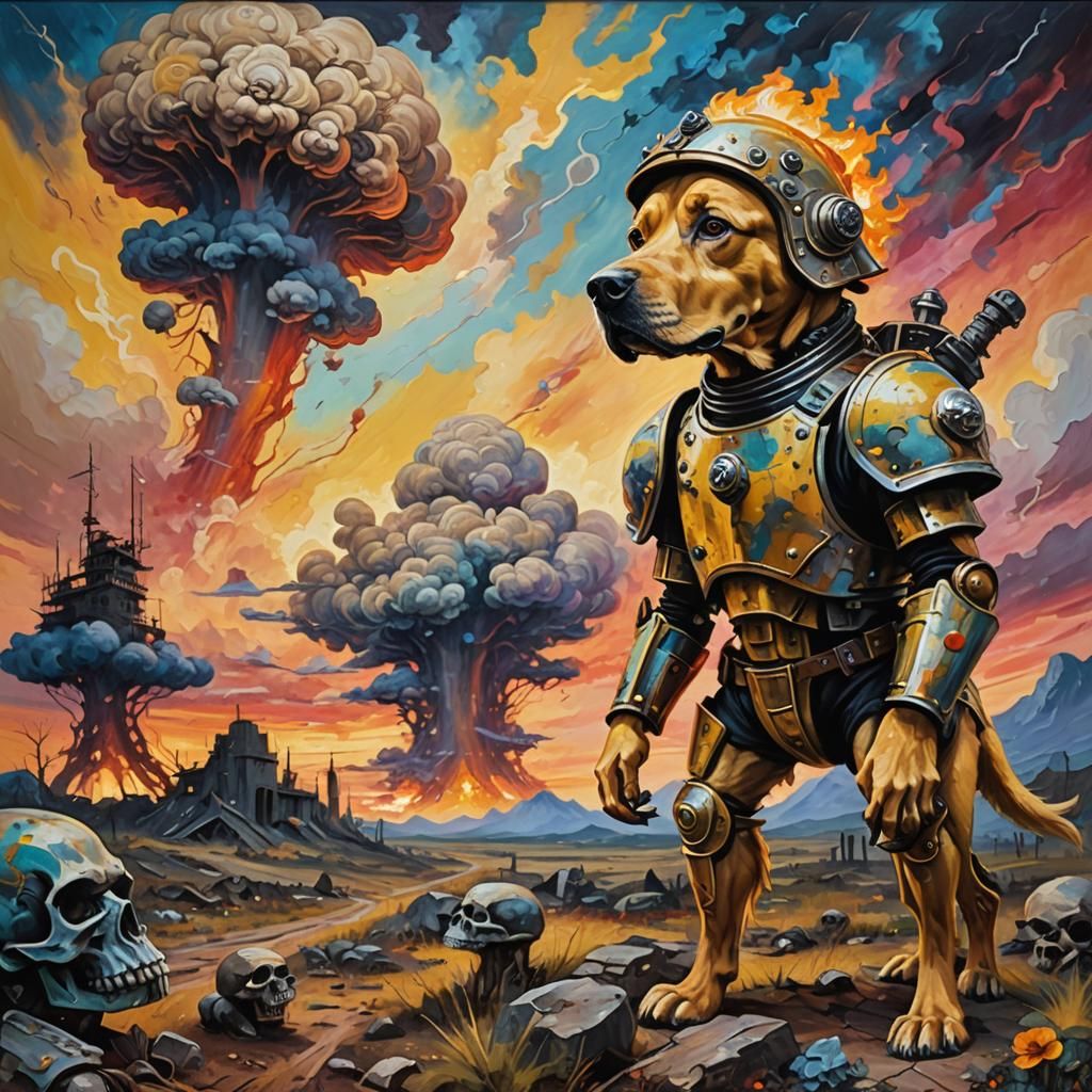 Armored Dog in Post-Apocalyptic Sunset, Expressionist Painti...
