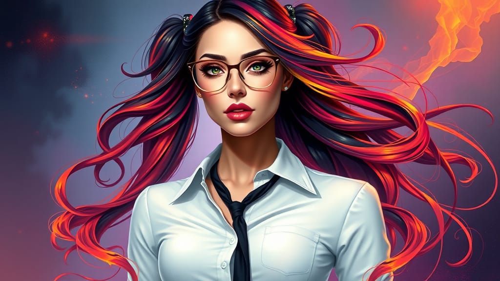 Vibrant Digital Portrait of a Confident Woman with Bold Hair...