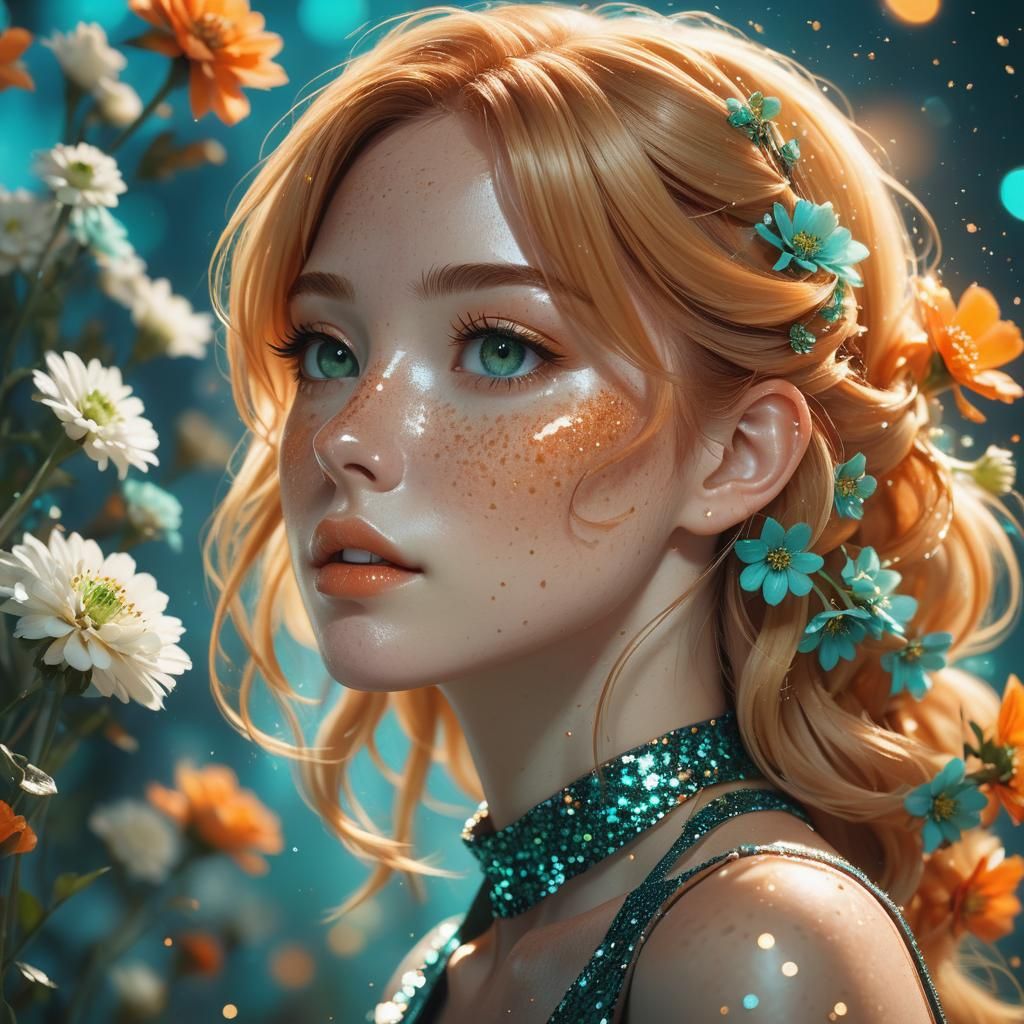 Beautiful Woman with Flowers in Anime Art Style