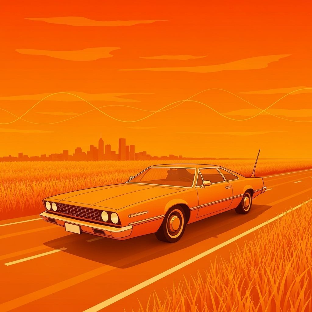 Retrofuturistic Orange Car in Abstract Vector Art Cityscape