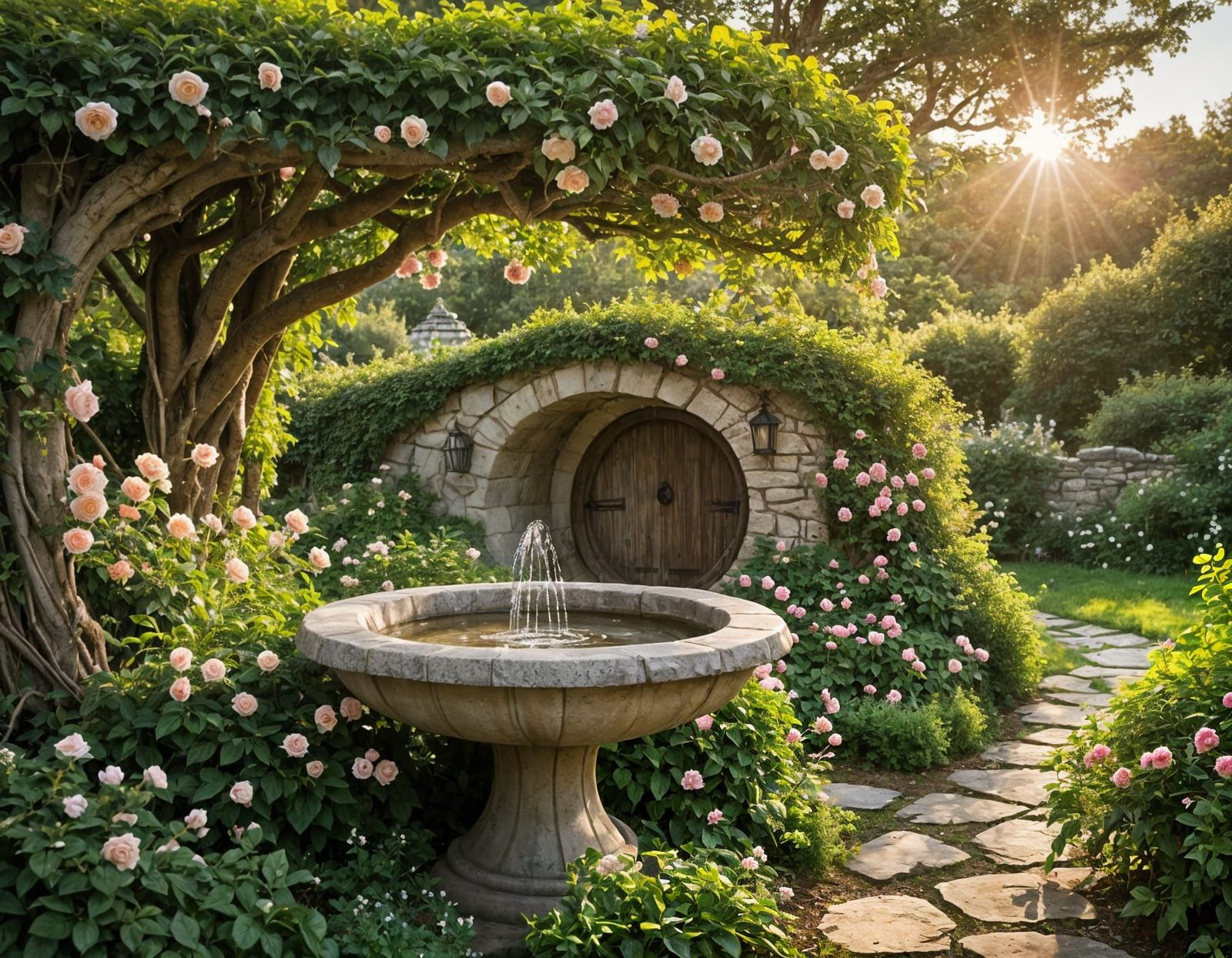 Charming Hobbit Garden at Sunset