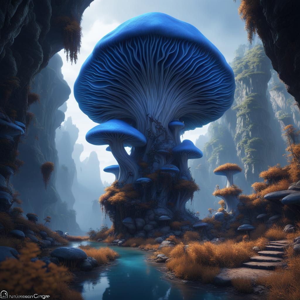 Blue Mushroom Gorge: Detailed Fantasy Concept Art