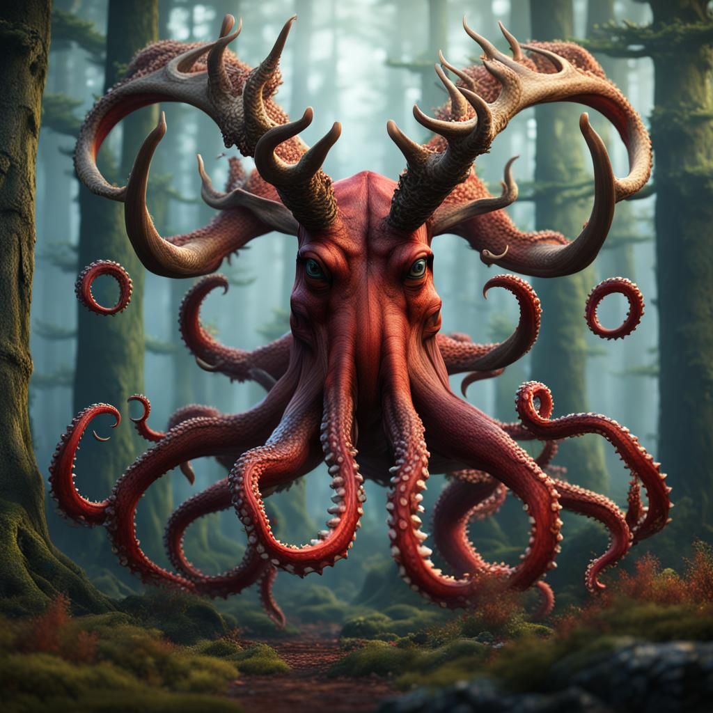 Surreal Octostag Creature in Fantasy Forest
