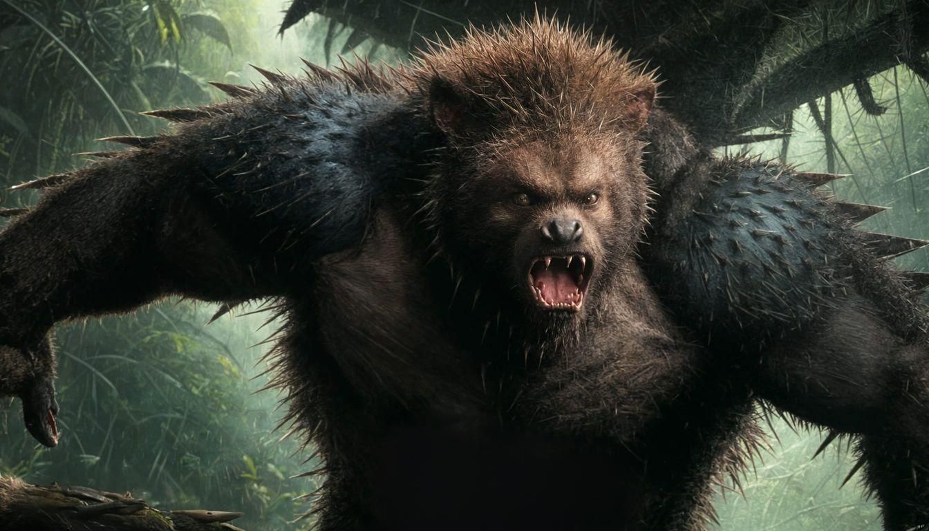 Fierce Orangutan with Porcupine Spines in Jungle