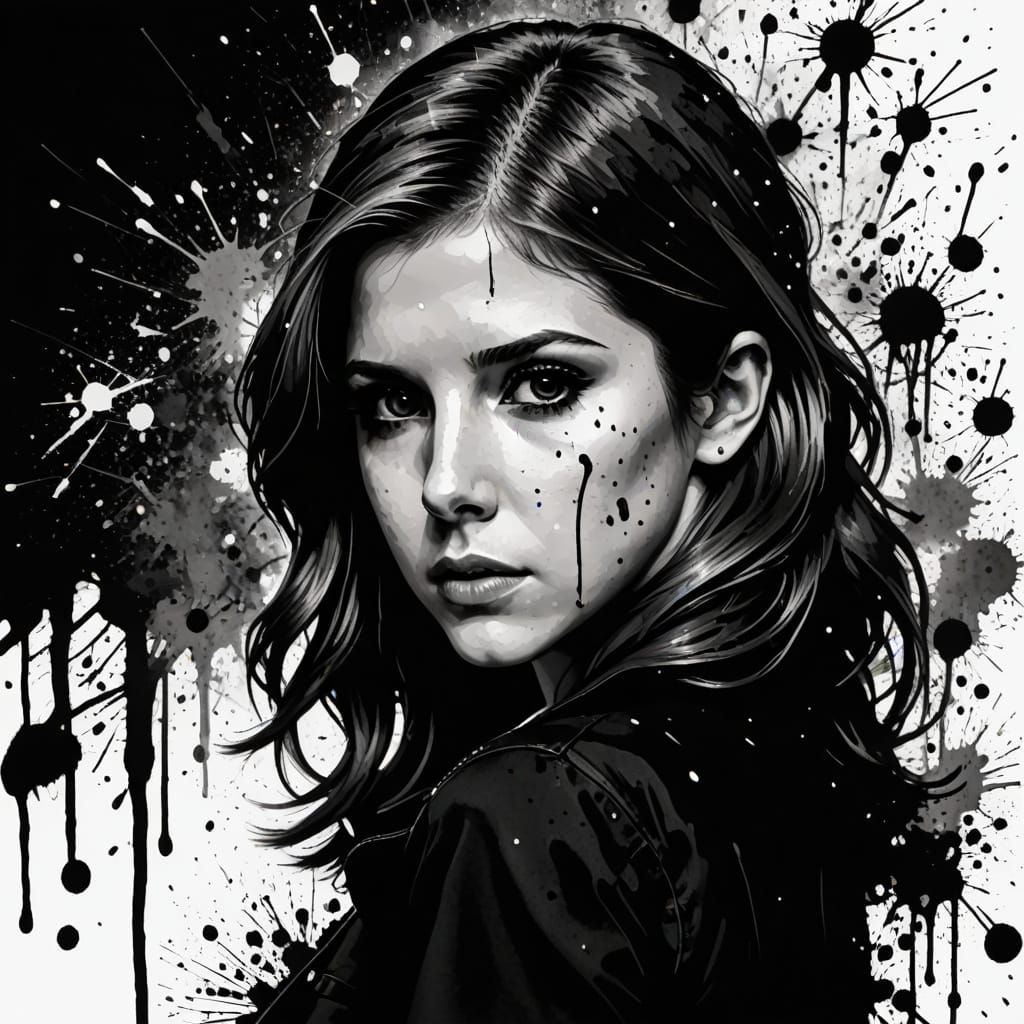 Anna Kendrick Noir Portrait in Ink Splatter Style
