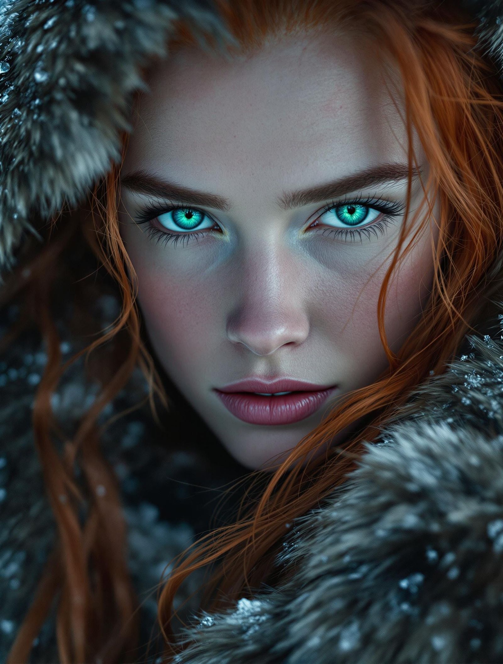 Regal Red-Haired Woman in Furs with Intense Gaze