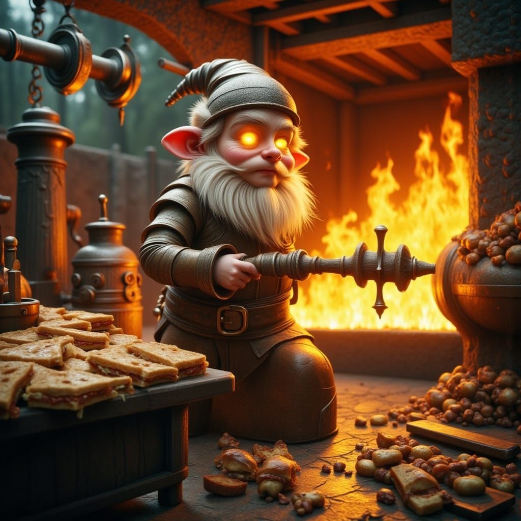 Dwarf Blacksmith Forging Swords in Fiery Foundry