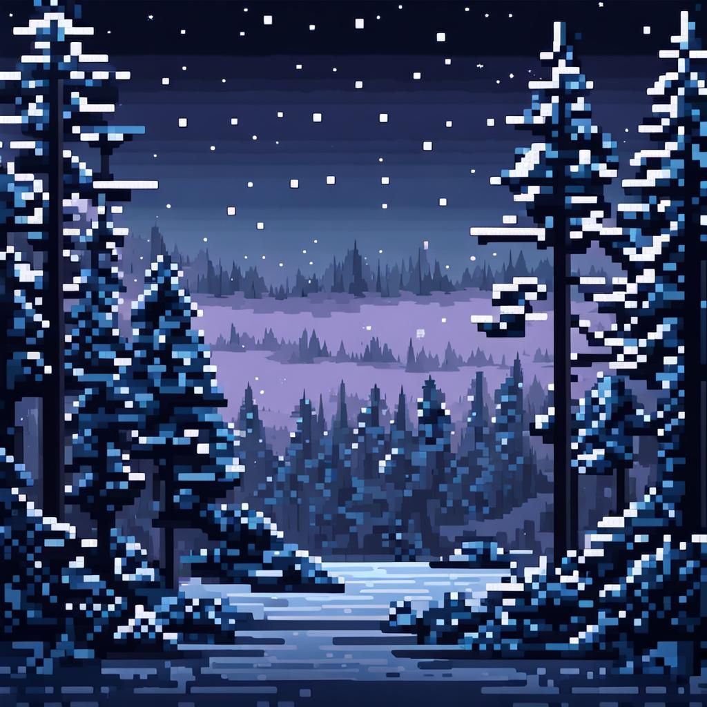 Pixel Art Winter Forest at Night