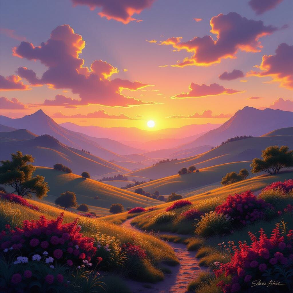 Fantasy Sunset Landscape in Digital Matte Painting Style
