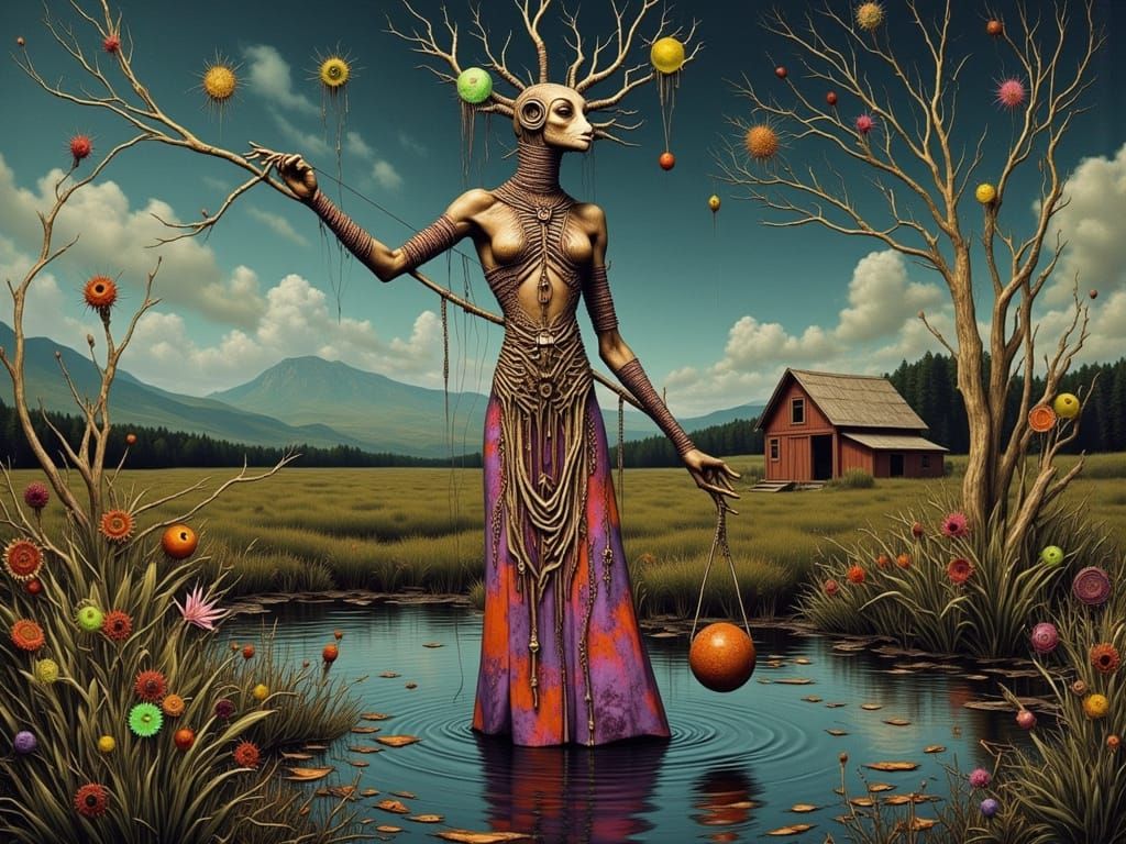 Ethereal Alien Woman Fishing in Surreal Landscape