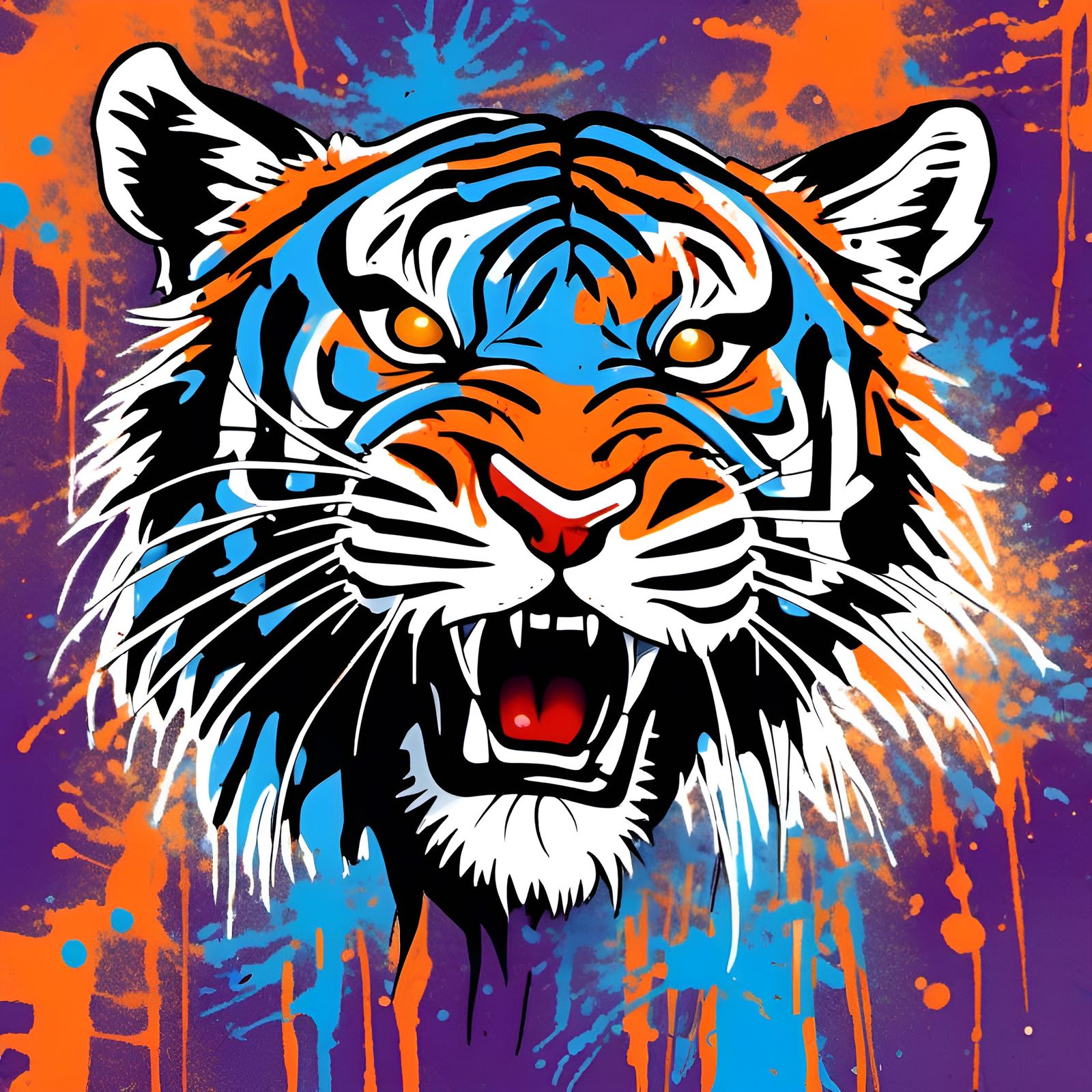a rough around the edges blue with black stripped tiger with razor sharp nails coming out of the tigers claws, highly de...