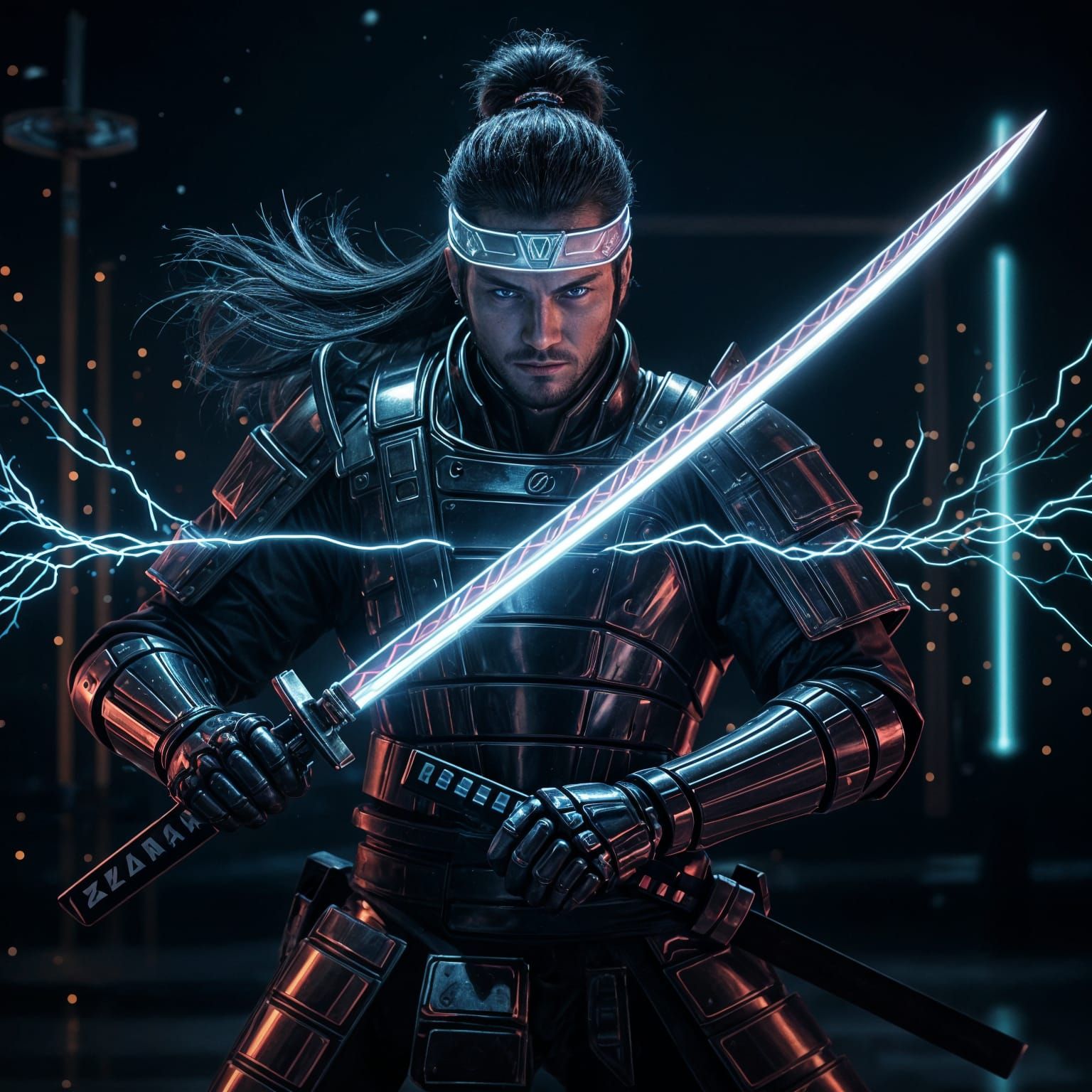Cyber Samurai in Focus with Holographic Katana